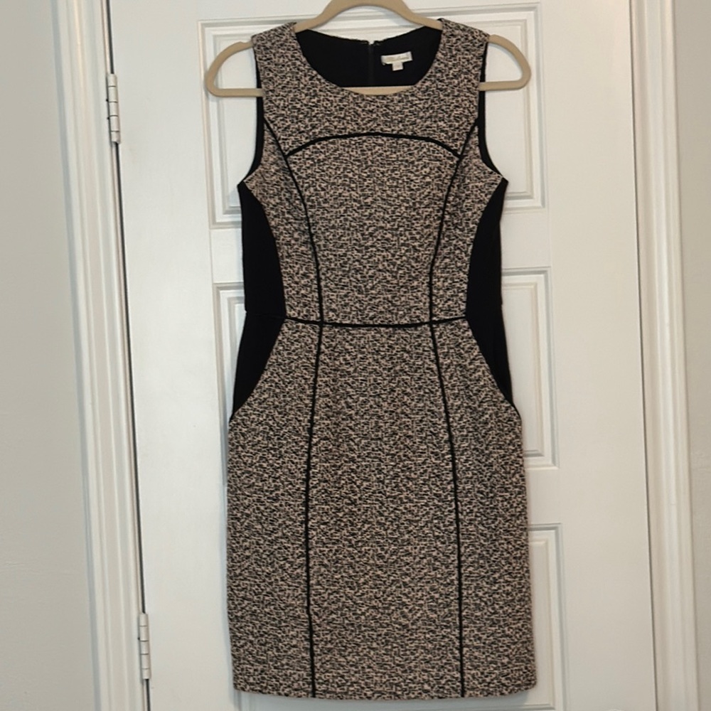 Shoshanna Black and Cream Sheath Midi Dress Crew Neck Sleeveless